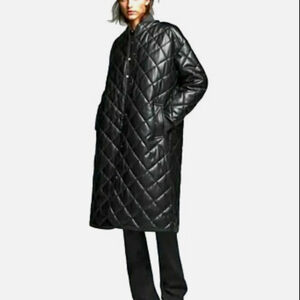 ZARA Quilted Faux Leather Black Long Coat Sz M oversized relaxed fit